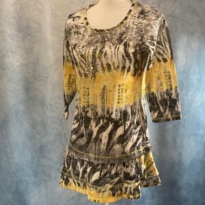 🍀2for$25🍀 Vintage 90s Small Yellow & Black Tunic Top W/ Rhinestones & Layers